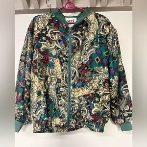 Vintage Ontu Medium 100% Silk Geometric Pattern Bomber Jacket